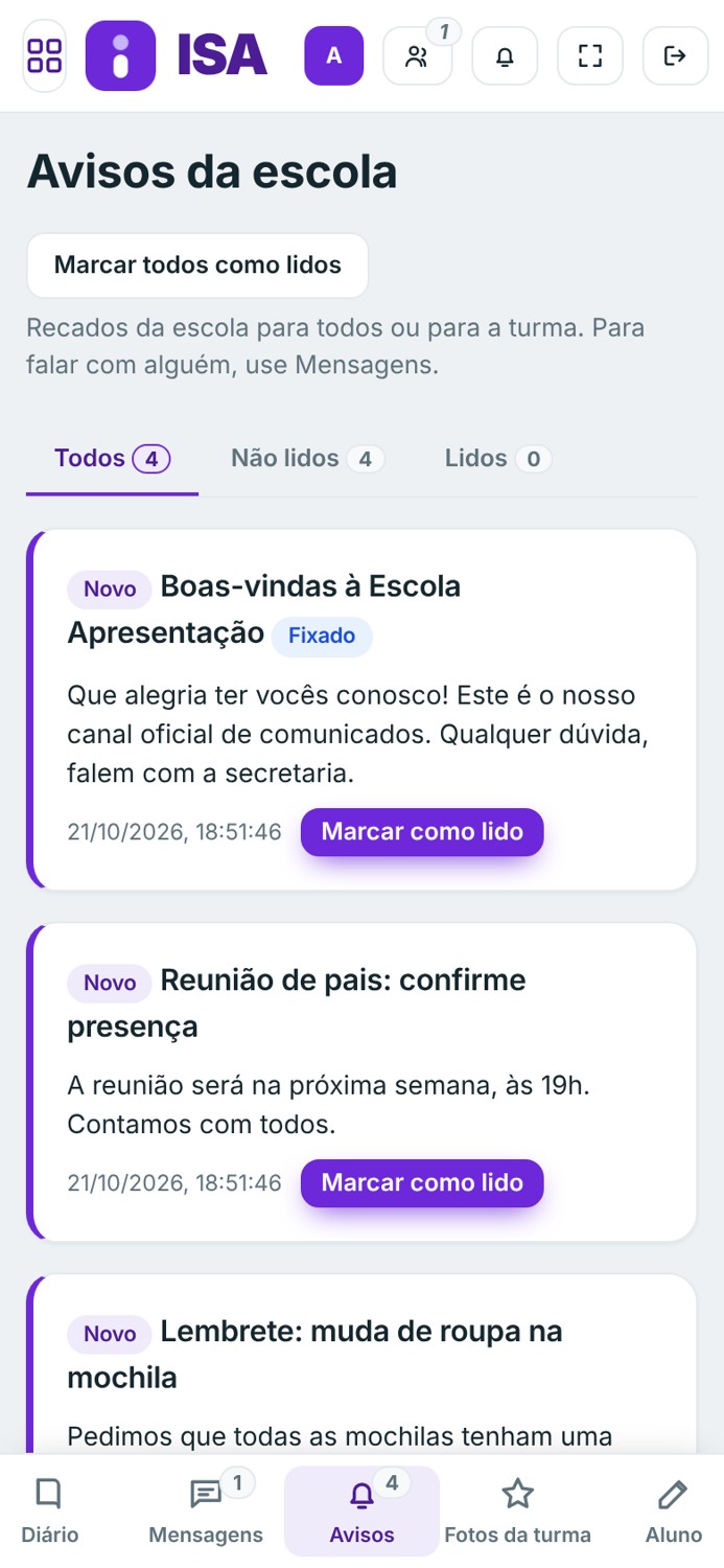 Avisos da escola no celular da família